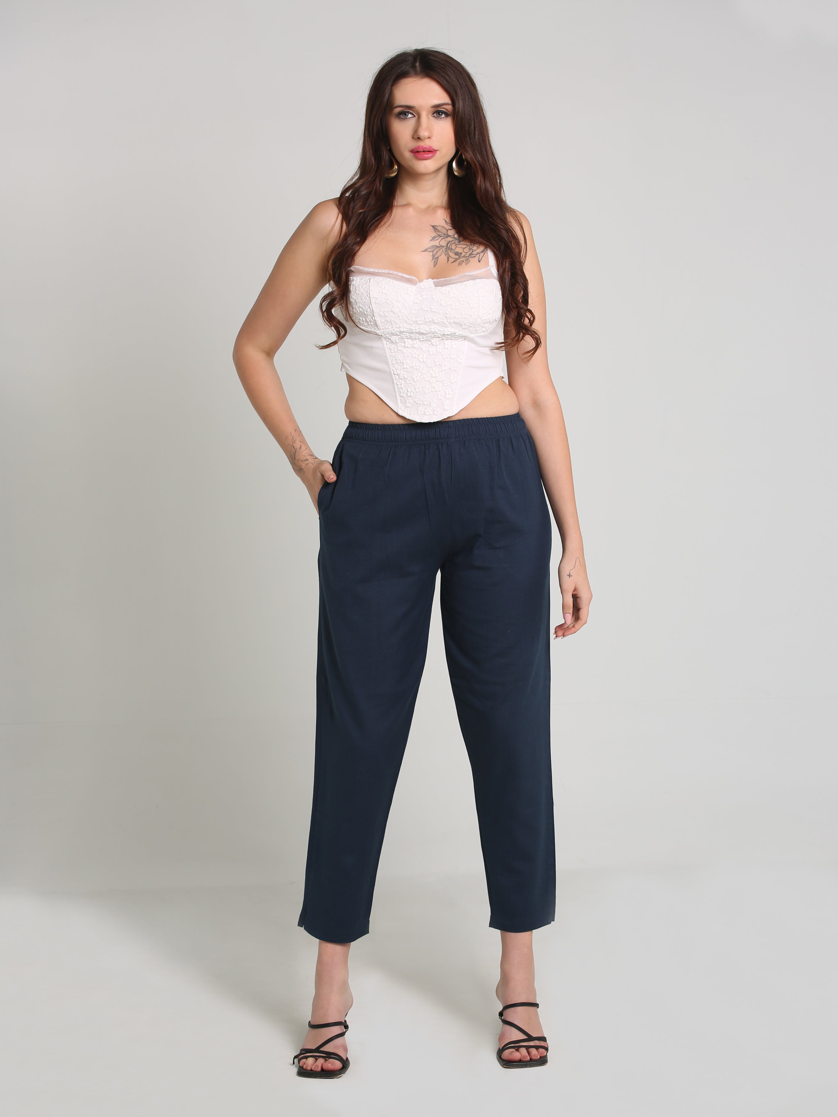Women Navy Blue Cotton Pant