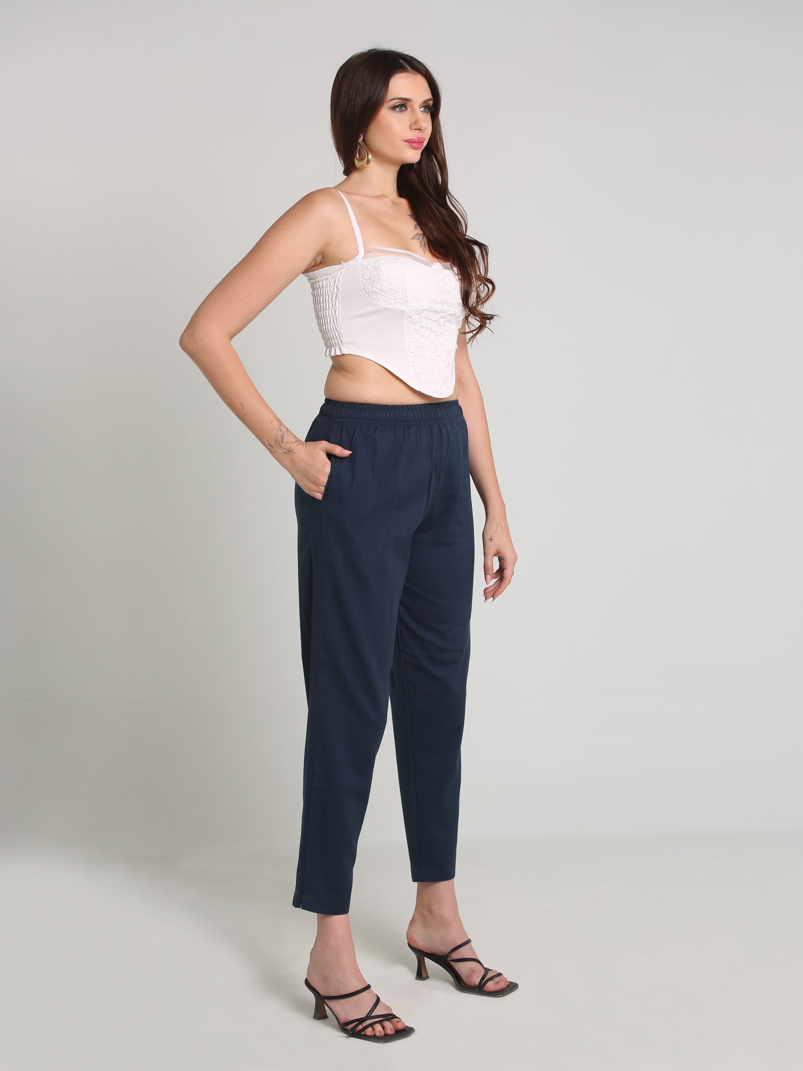 Women Navy Blue Cotton Pant