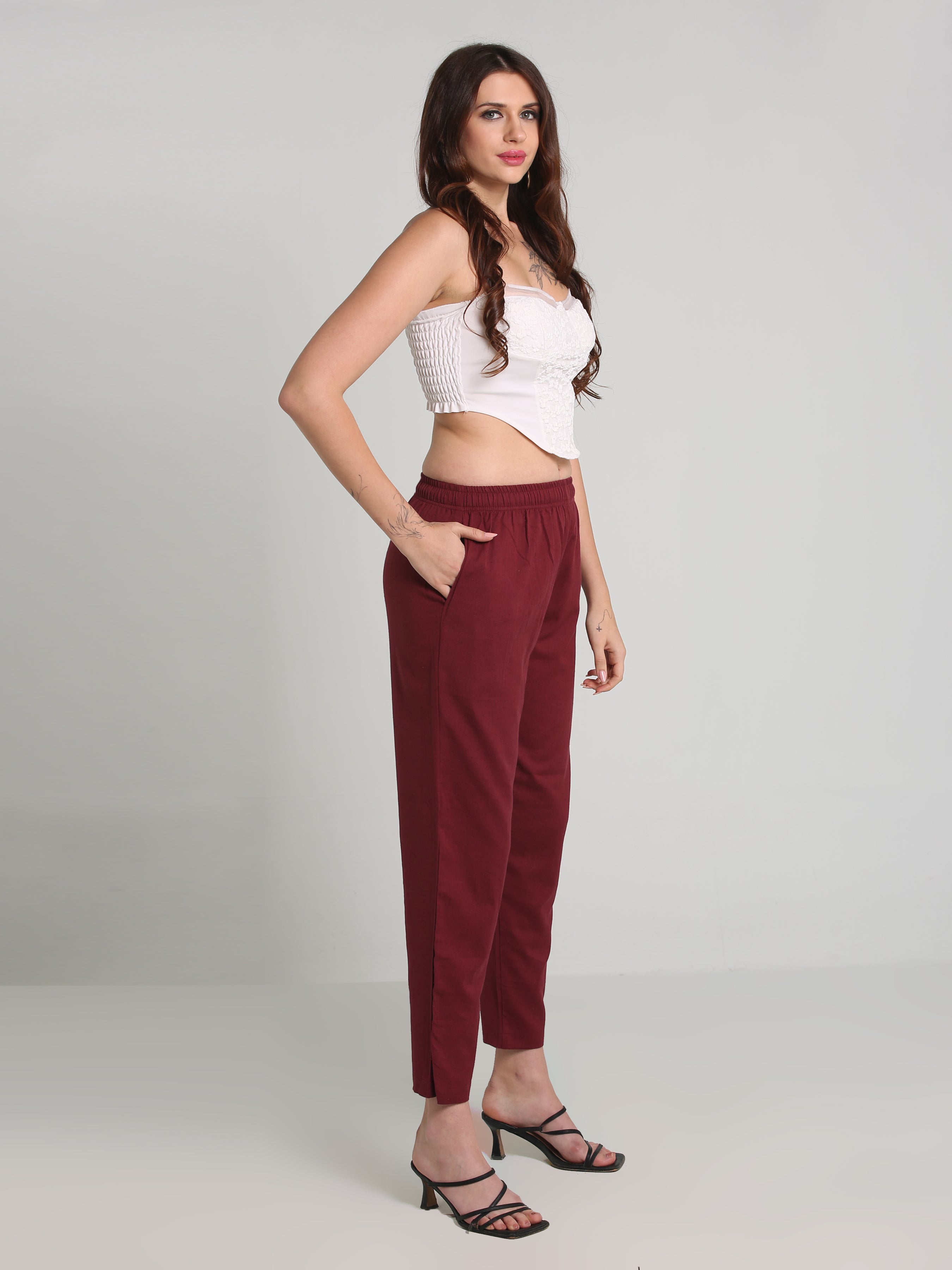 Women Maroon Cotton Pants