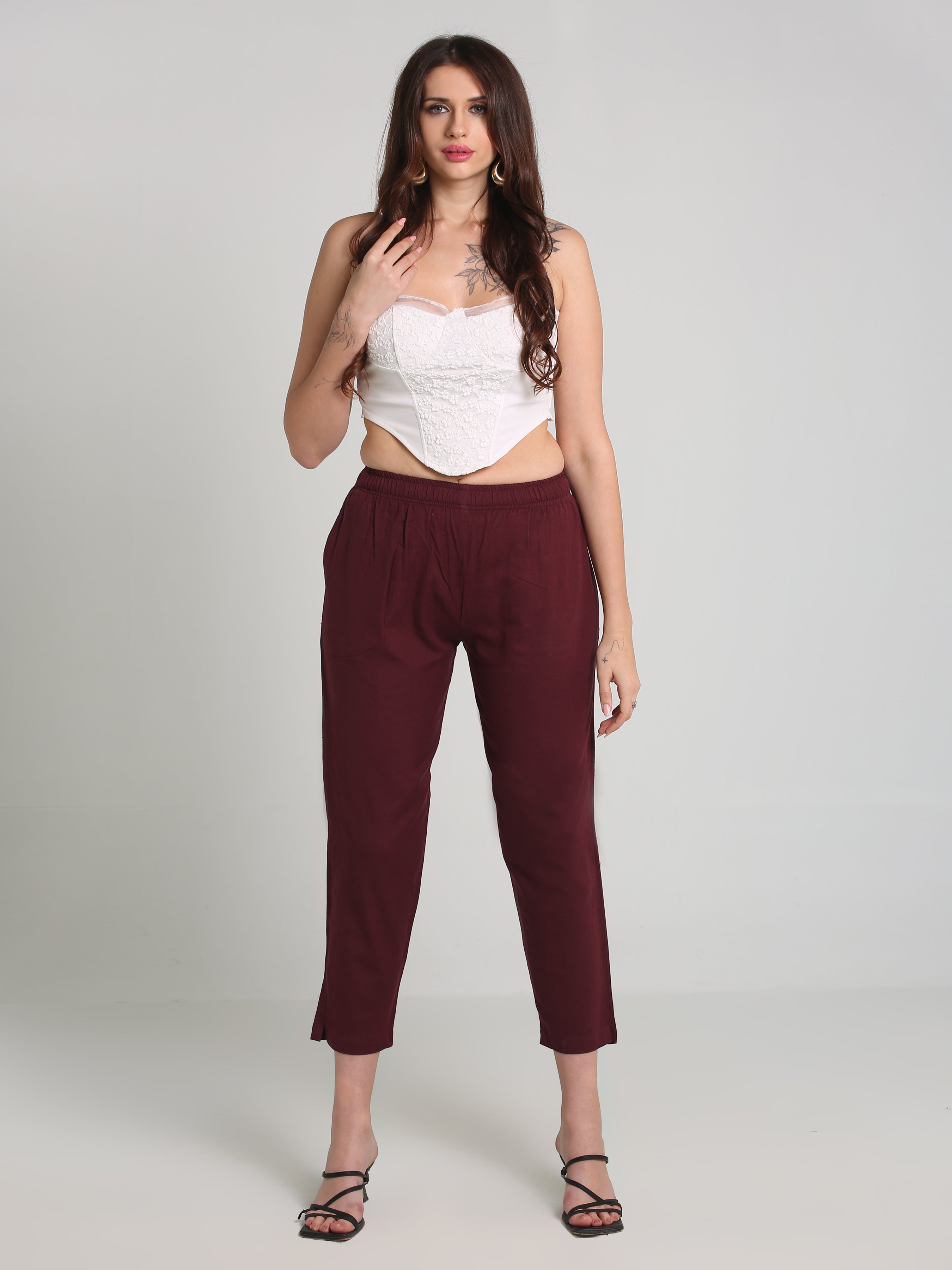 Women Maroon Cotton Pants