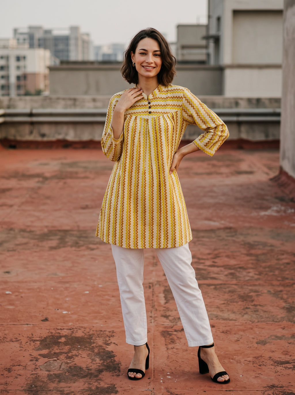 Women's Mustard Yellow Chevron Printed Cotton Tunic