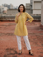 Women's Mustard Yellow Chevron Printed Cotton Tunic