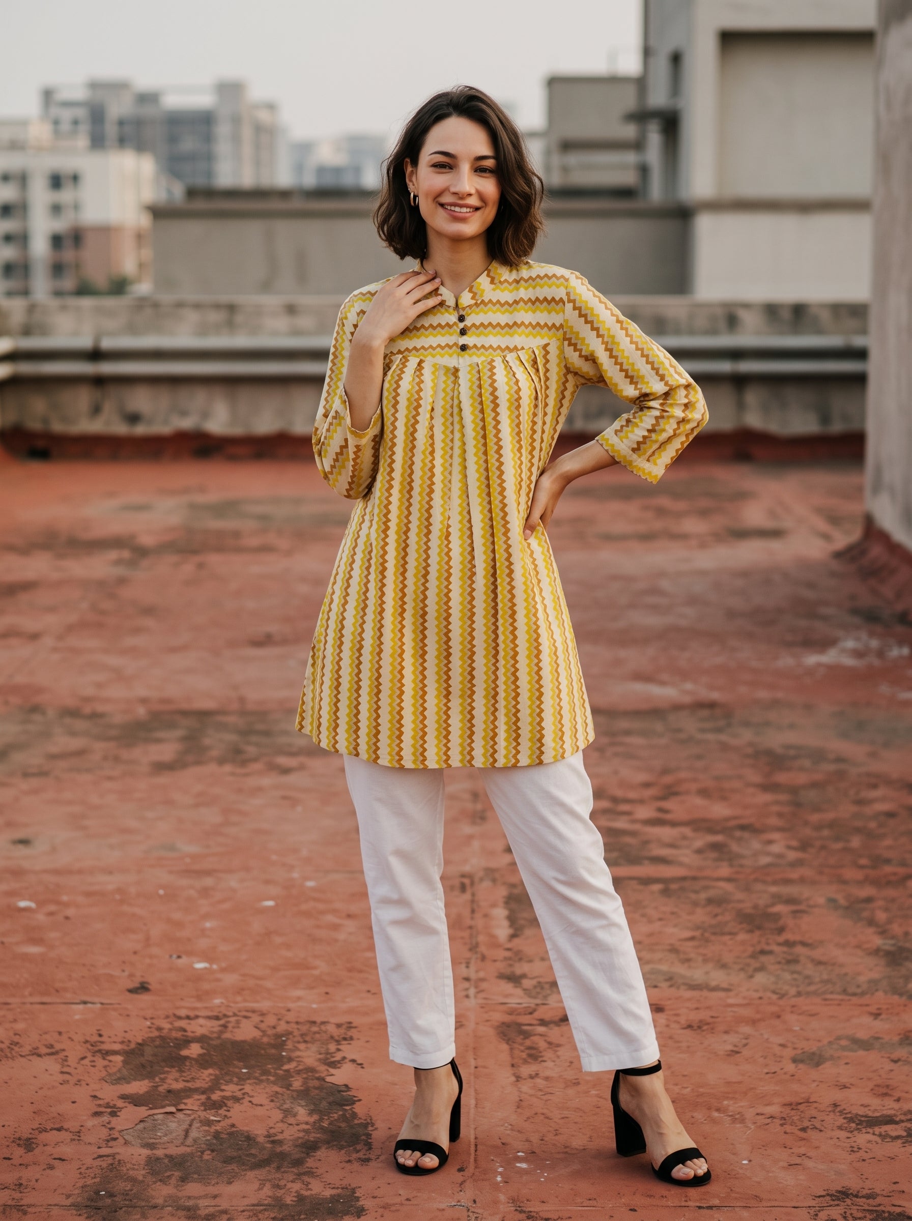 Women's Mustard Yellow Chevron Printed Cotton Tunic