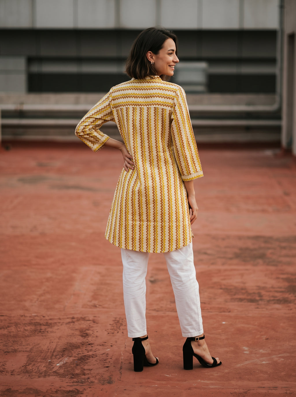 Women's Mustard Yellow Chevron Printed Cotton Tunic