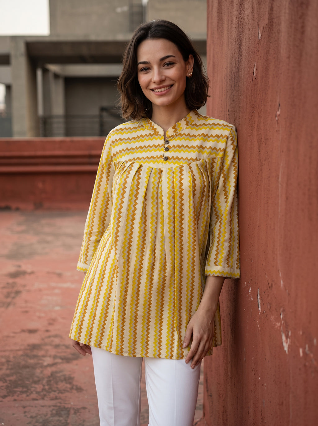 Women's Mustard Yellow Chevron Printed Cotton Tunic