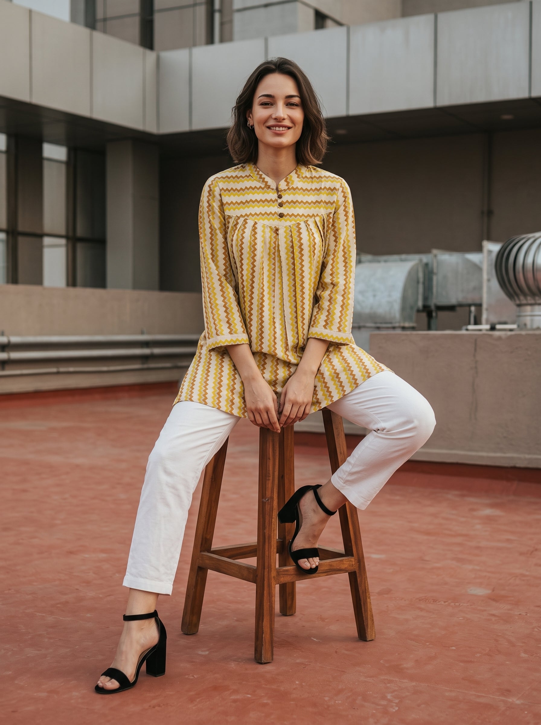 Women's Mustard Yellow Chevron Printed Cotton Tunic
