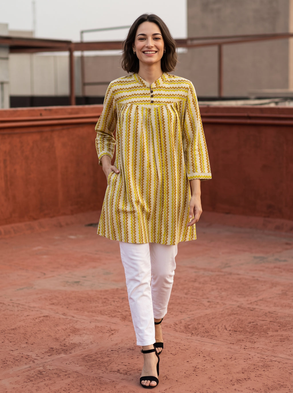 Women's Mustard Yellow Chevron Printed Cotton Tunic