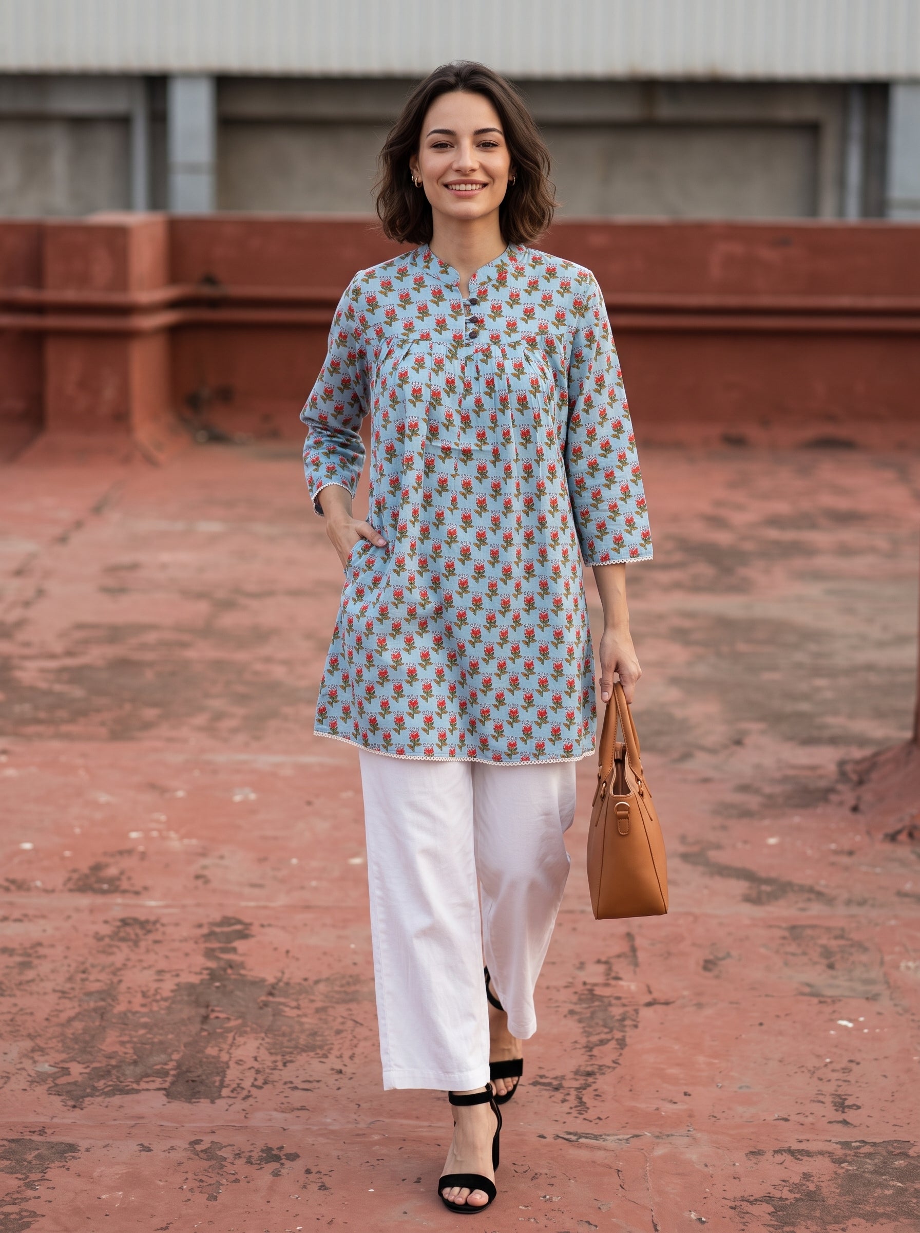 Women's Sky Blue Floral Printed Cotton Short Kurti