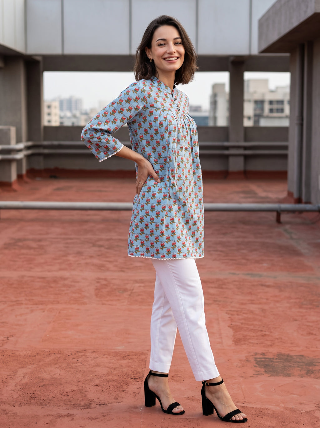 Women's Sky Blue Floral Printed Cotton Short Kurti