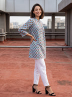 Women's Sky Blue Floral Printed Cotton Short Kurti