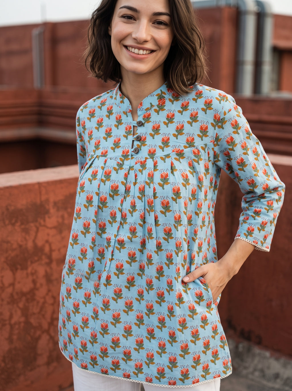Women's Sky Blue Floral Printed Cotton Short Kurti