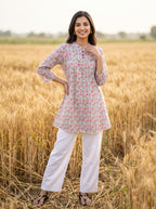Women's Sky Blue Floral Printed Cotton Short Kurti
