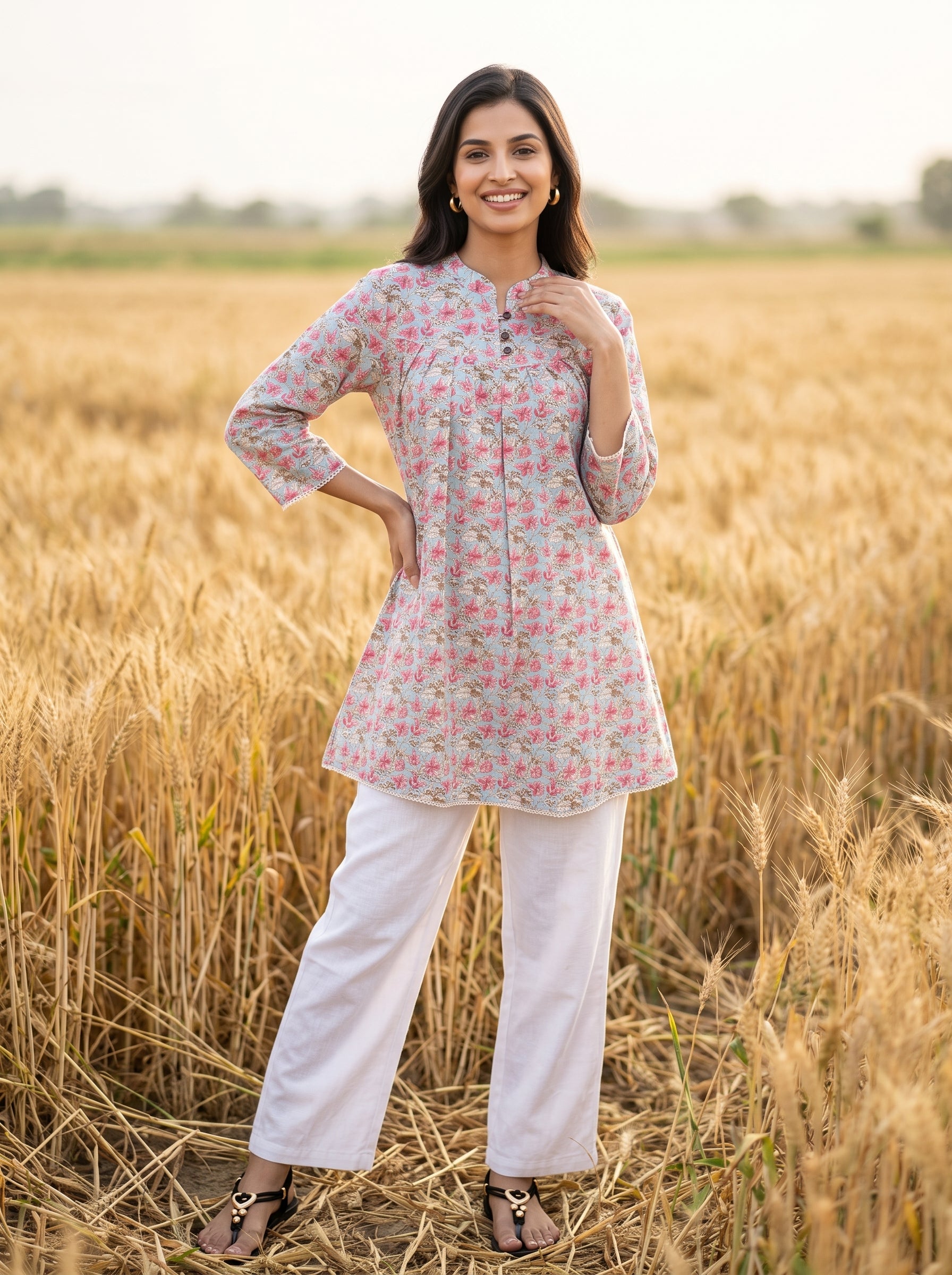 Women's Sky Blue Floral Printed Cotton Short Kurti