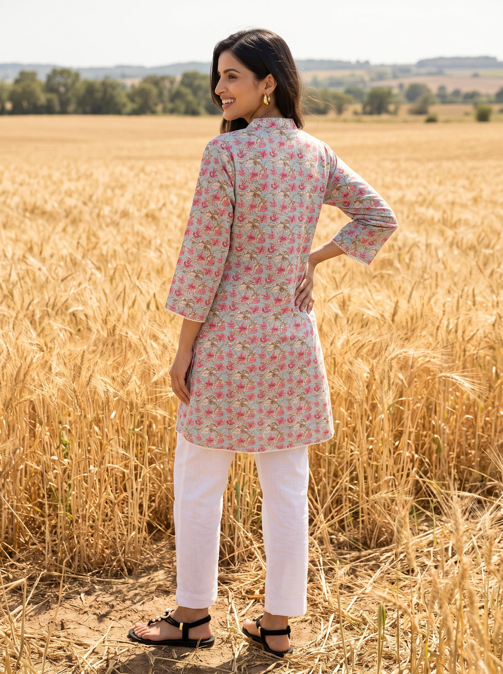 Women's Sky Blue Floral Printed Cotton Short Kurti