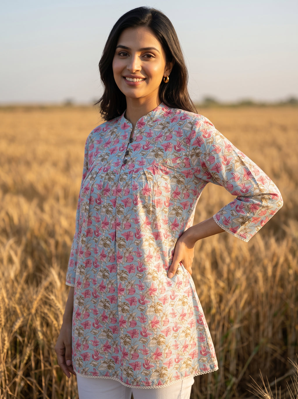 Women's Sky Blue Floral Printed Cotton Short Kurti