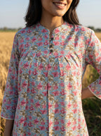 Women's Sky Blue Floral Printed Cotton Short Kurti