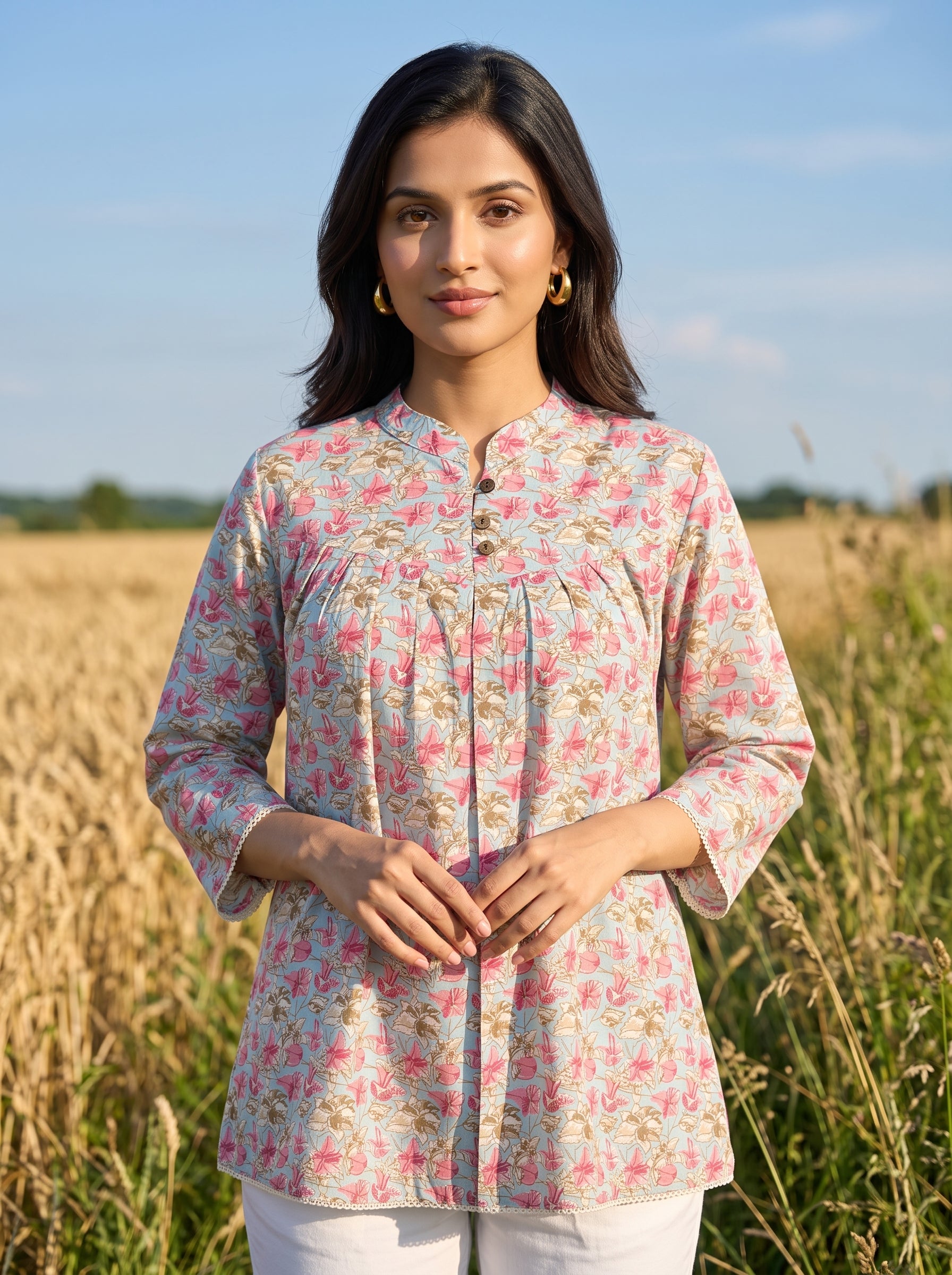 Women's Sky Blue Floral Printed Cotton Short Kurti