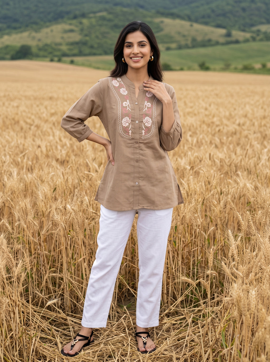 Women's Taupe Embroidered Cotton Short Kurti