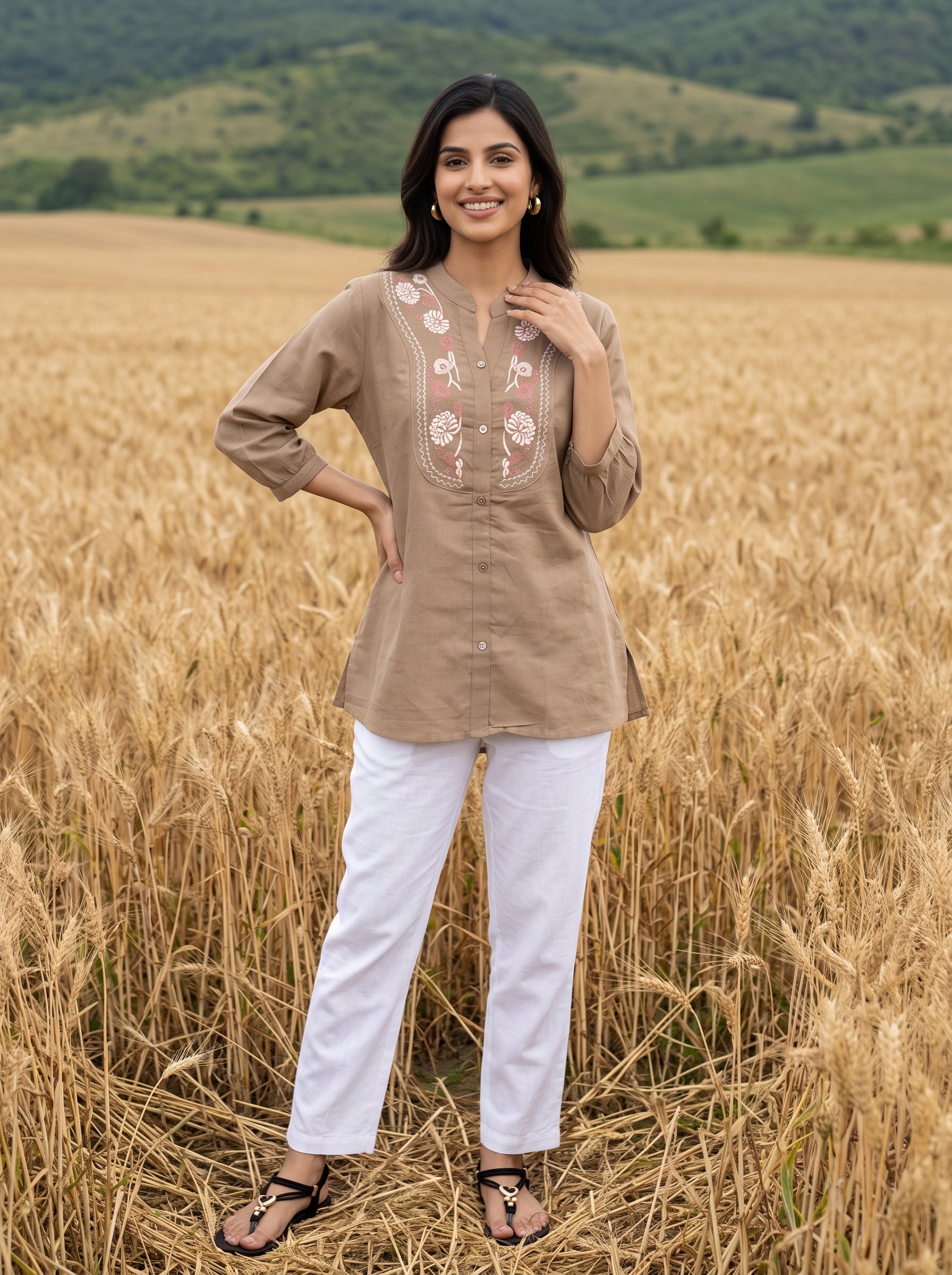 Women's Taupe Embroidered Cotton Short Kurti