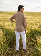 Women's Taupe Embroidered Cotton Short Kurti
