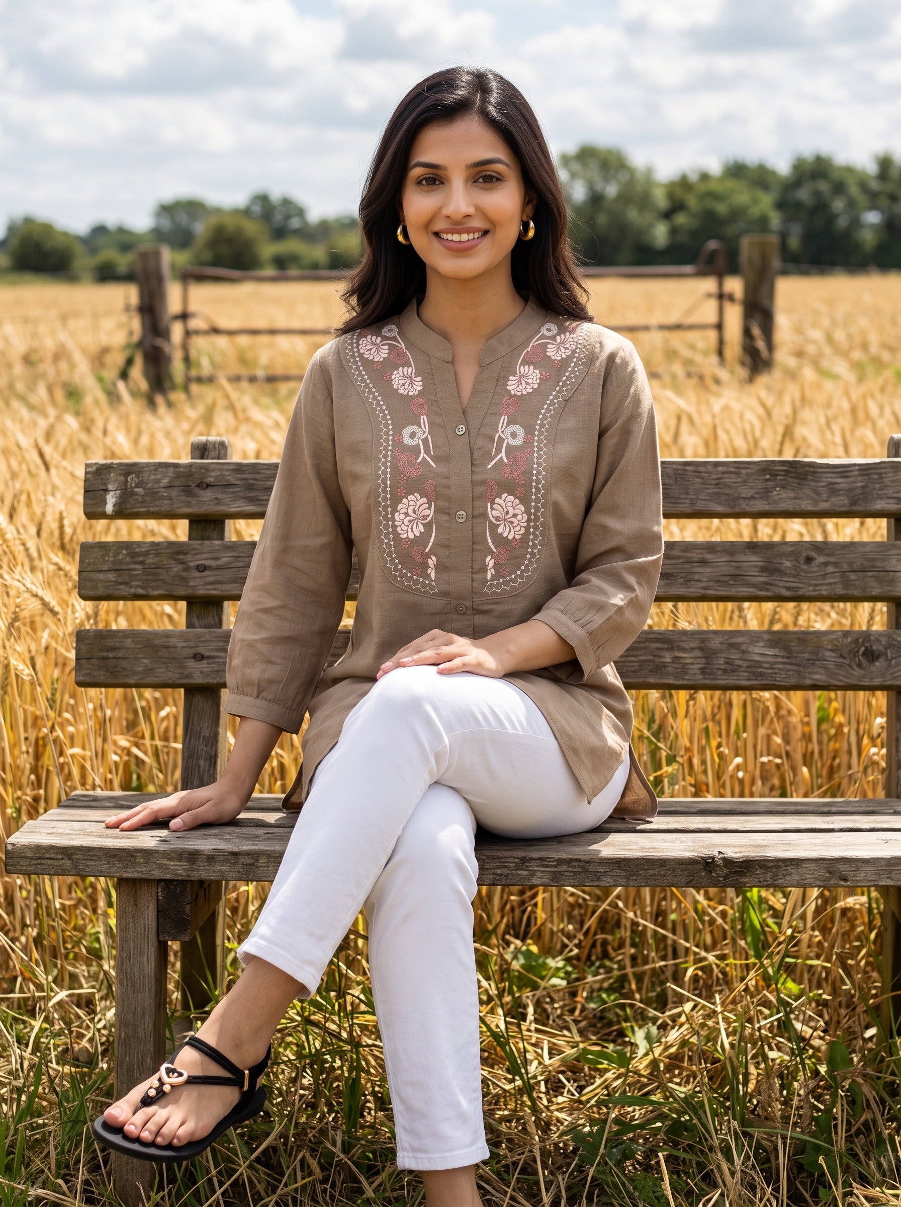 Women's Taupe Embroidered Cotton Short Kurti