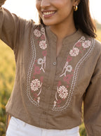 Women's Taupe Embroidered Cotton Short Kurti