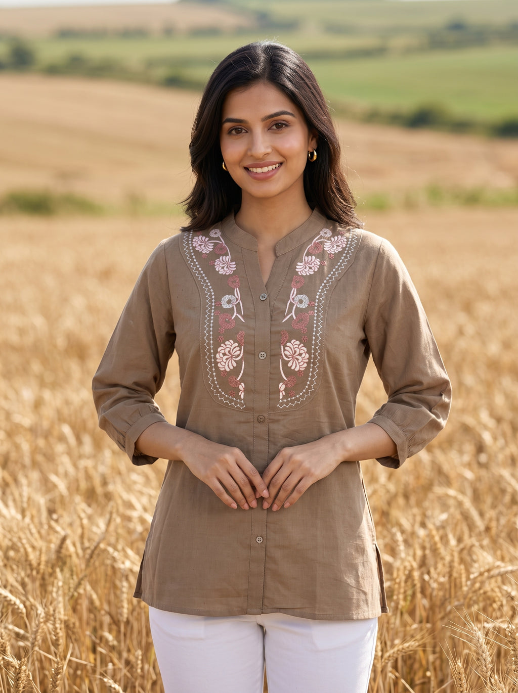 Women's Taupe Embroidered Cotton Short Kurti
