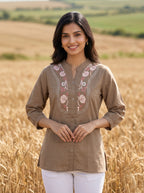 Women's Taupe Embroidered Cotton Short Kurti