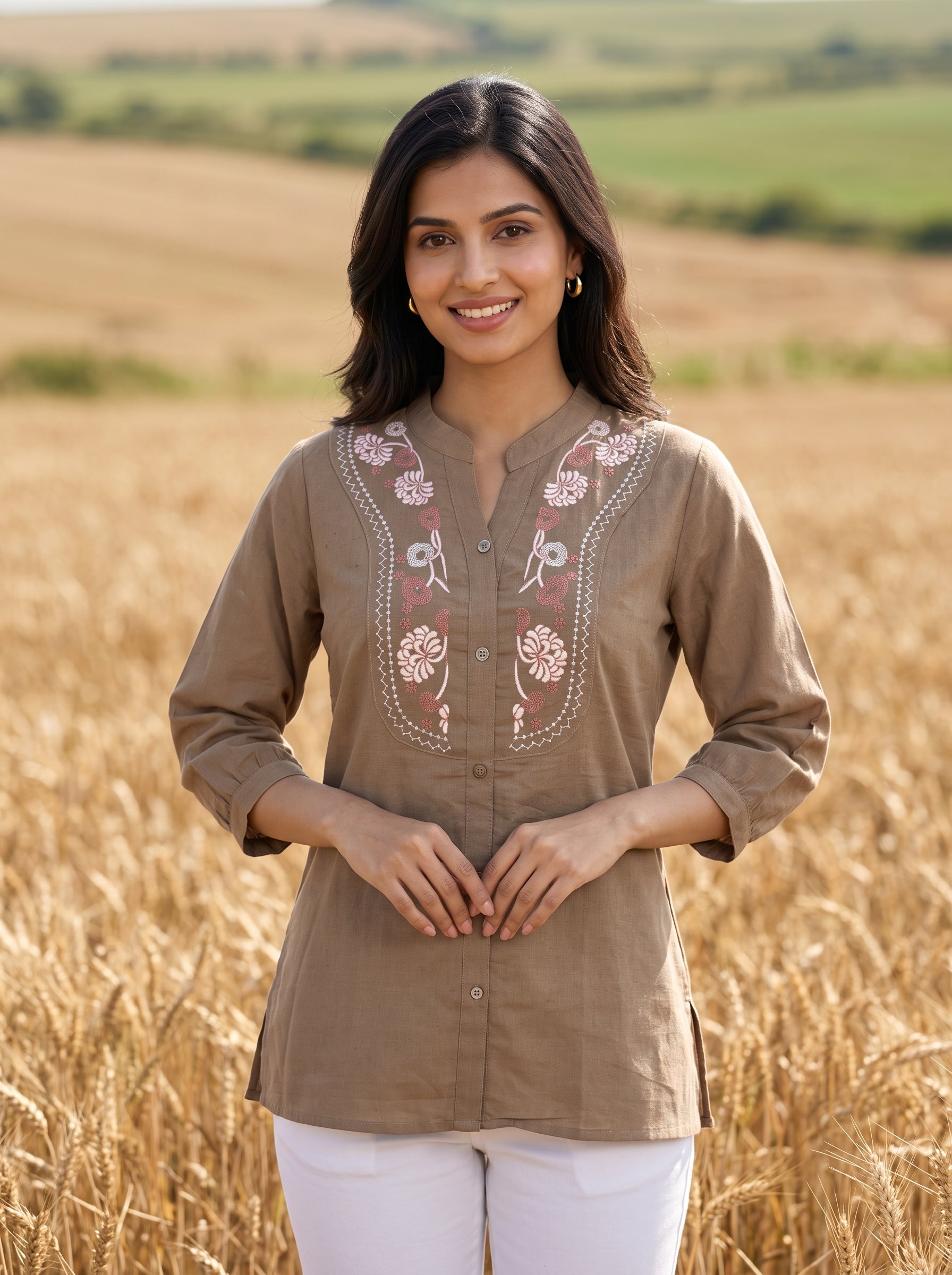 Women's Taupe Embroidered Cotton Short Kurti