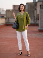 Olive Green Embroidered Cotton Kurti
