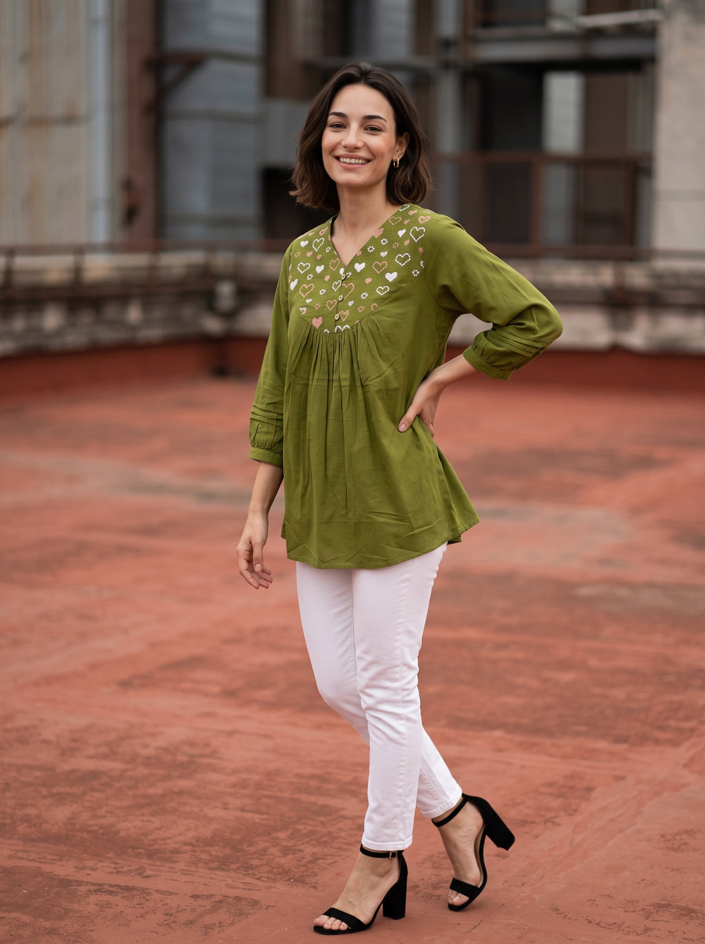 Olive Green Embroidered Cotton Kurti