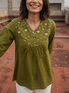Olive Green Embroidered Cotton Kurti
