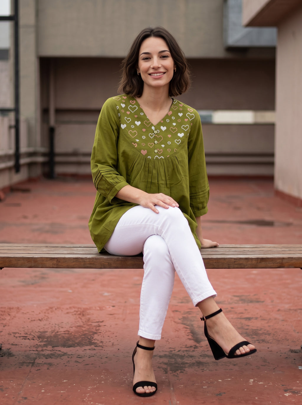 Olive Green Embroidered Cotton Kurti