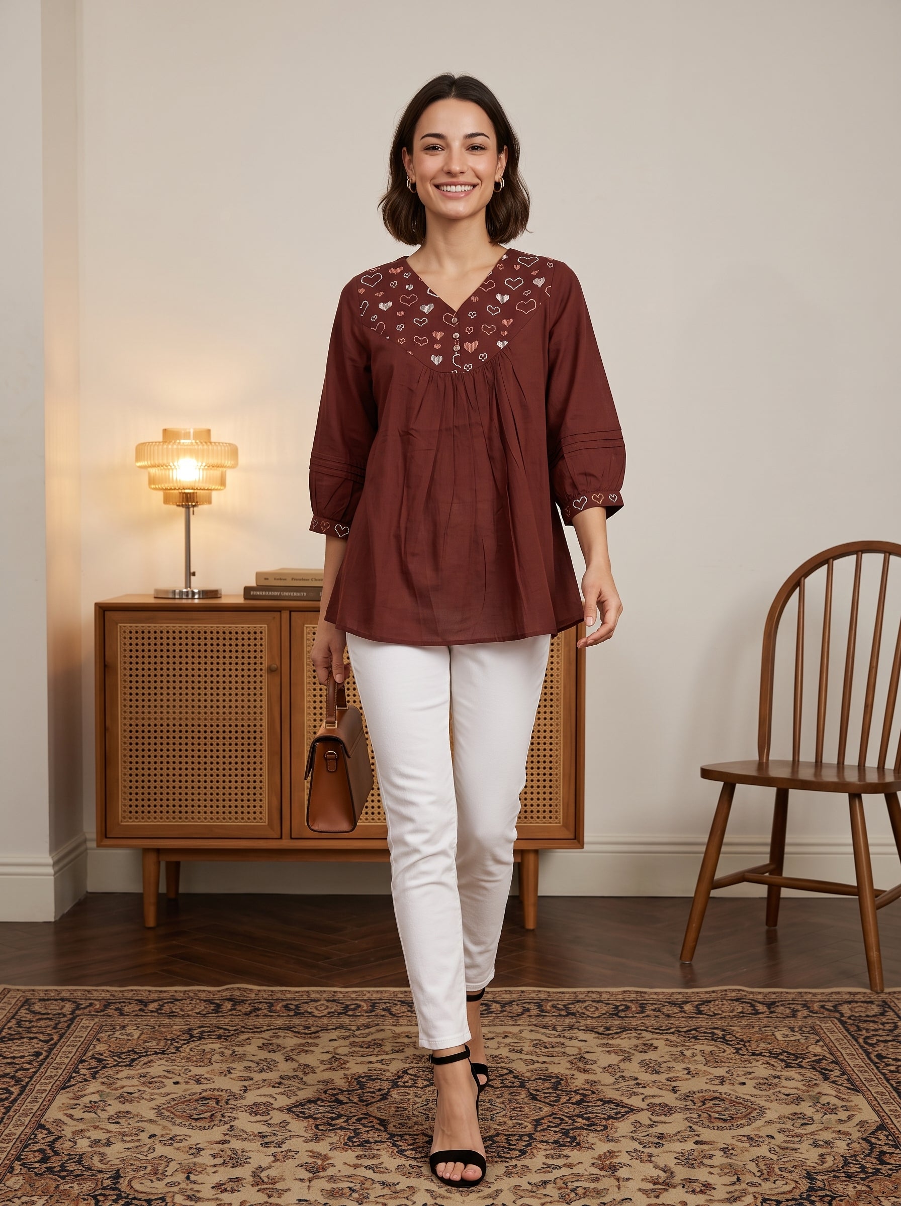 Women's Maroon Embroidered Cotton Top