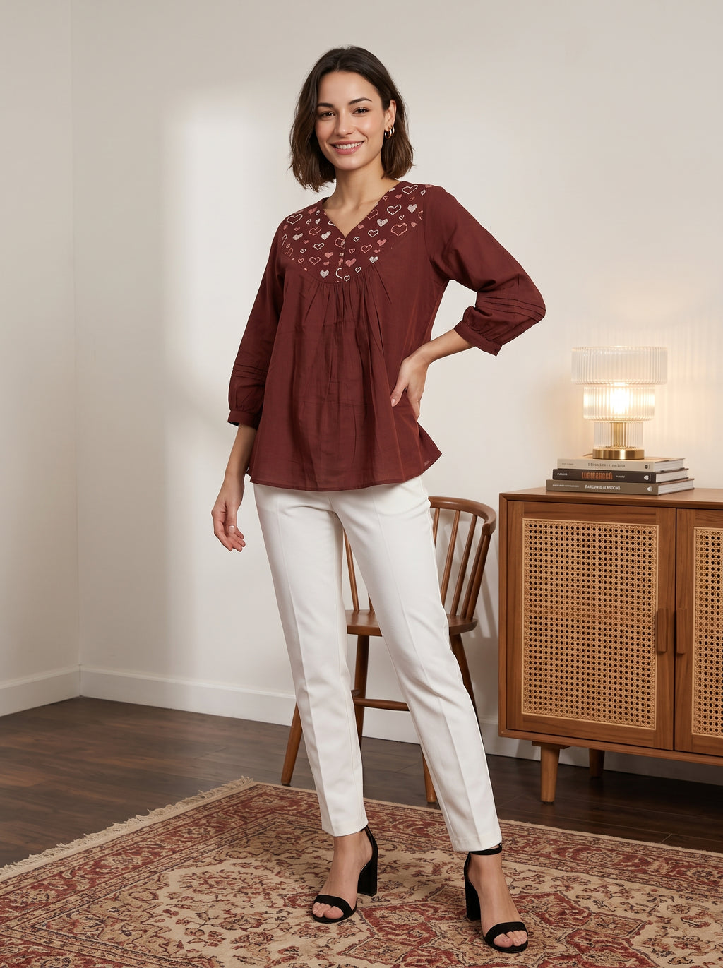 Women's Maroon Embroidered Cotton Top
