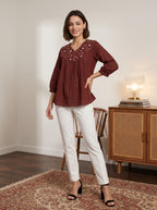 Women's Maroon Embroidered Cotton Top