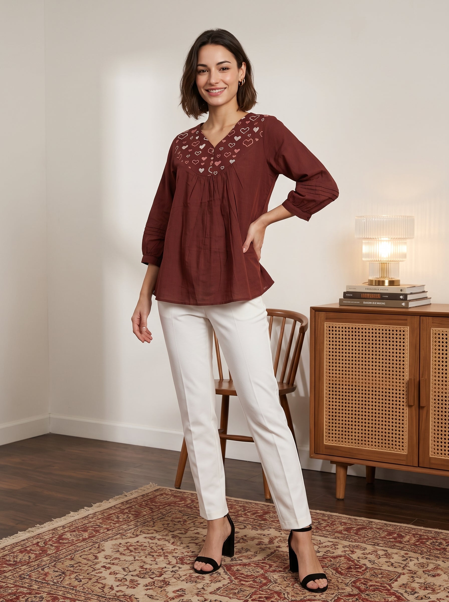 Women's Maroon Embroidered Cotton Top