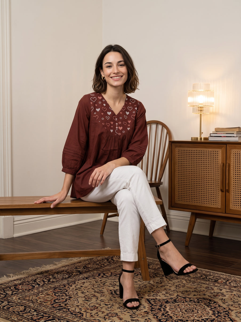 Women's Maroon Embroidered Cotton Top
