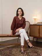 Women's Maroon Embroidered Cotton Top