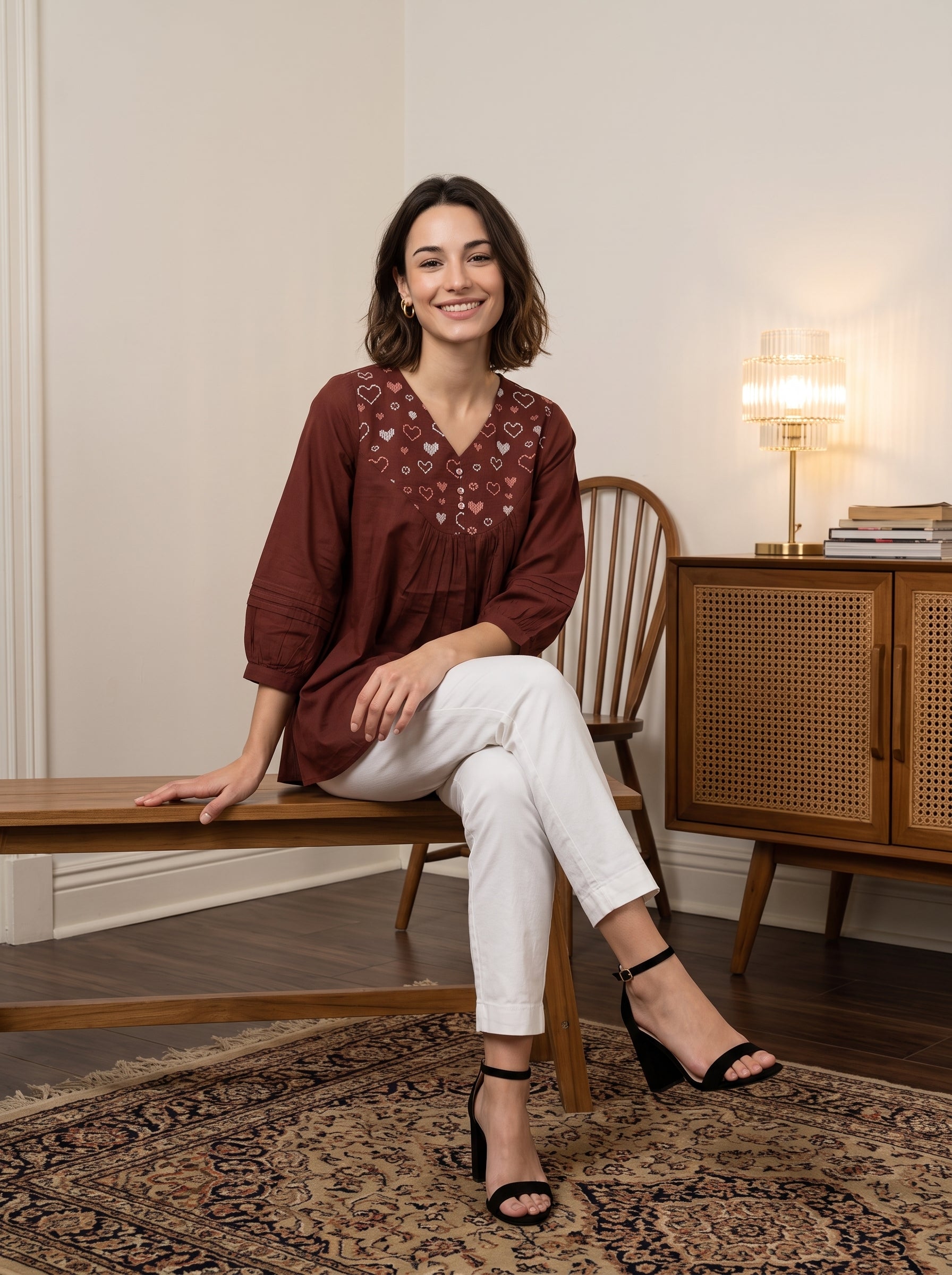 Women's Maroon Embroidered Cotton Top