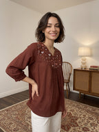 Women's Maroon Embroidered Cotton Top