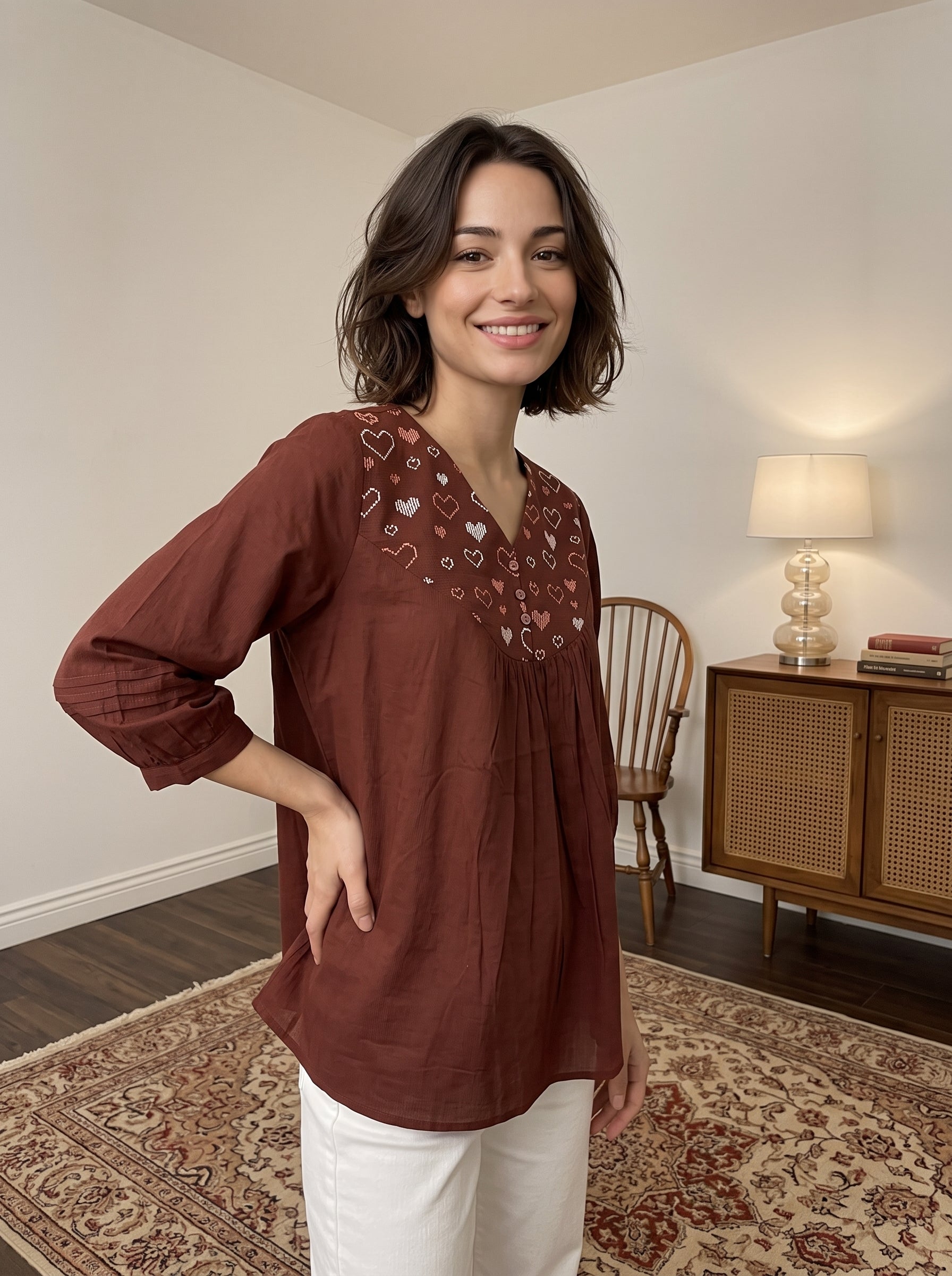 Women's Maroon Embroidered Cotton Top