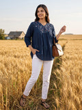 Women's Navy Blue Embroidered Cotton Top