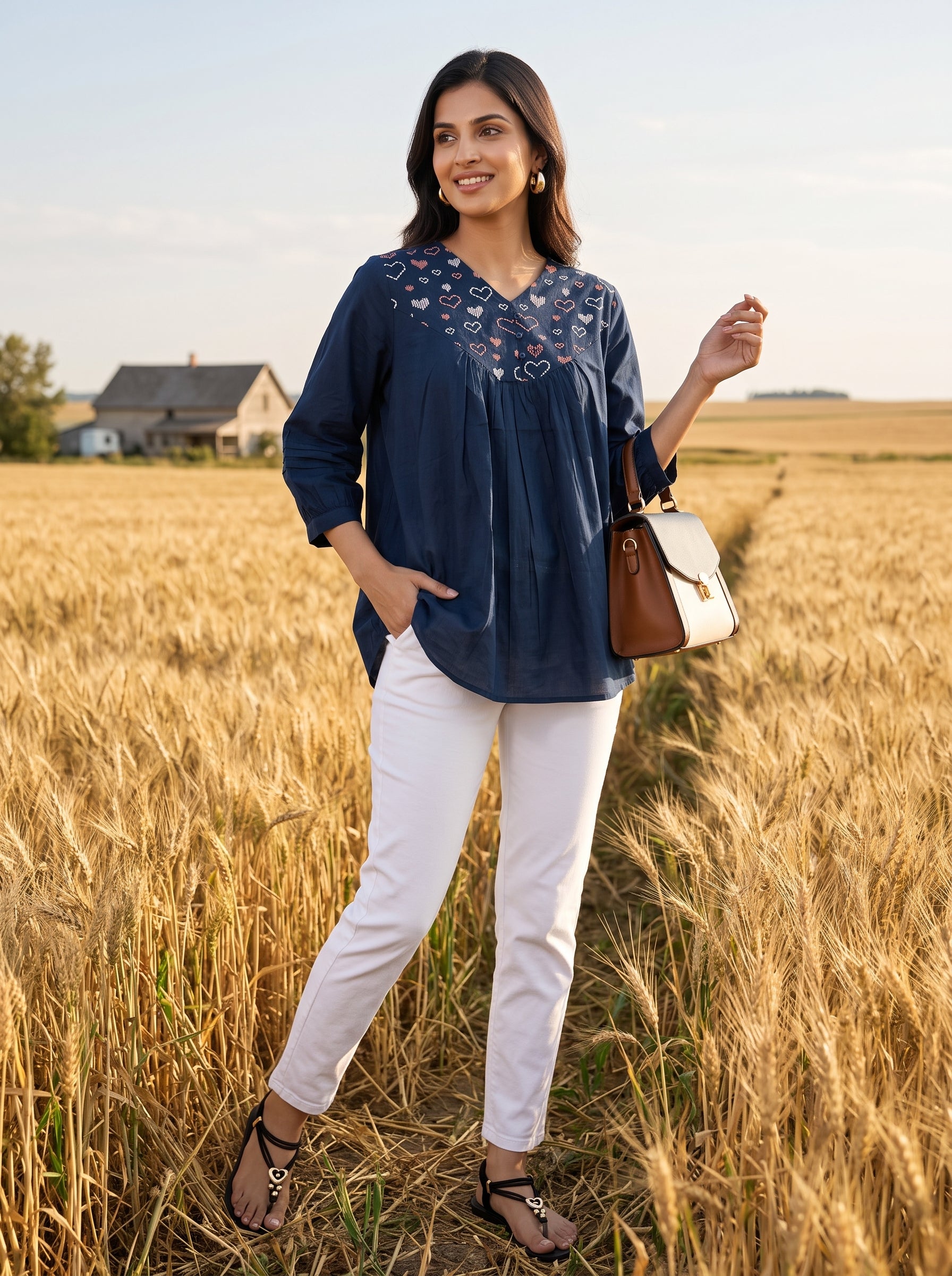 Women's Navy Blue Embroidered Cotton Top