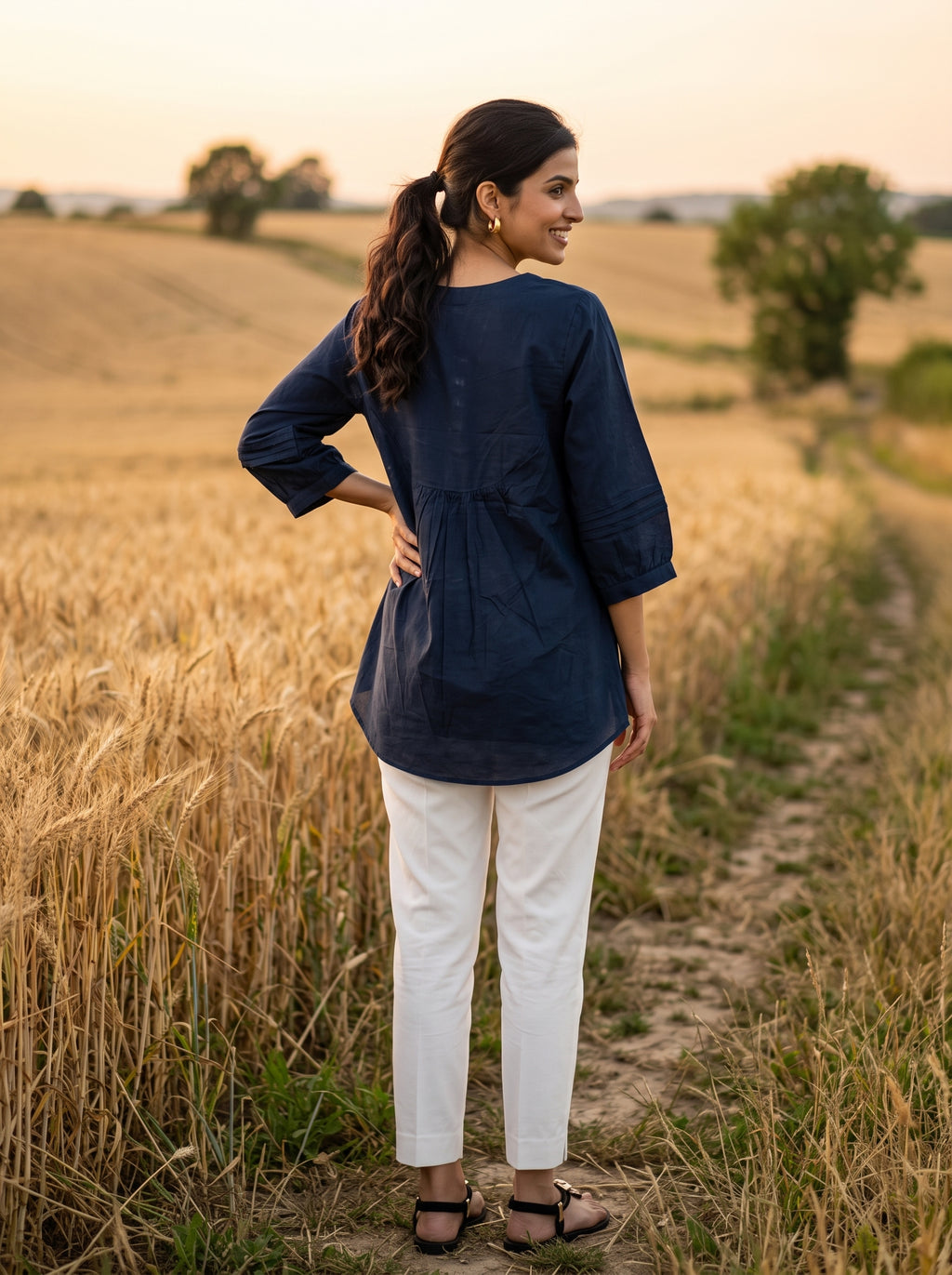 Women's Navy Blue Embroidered Cotton Top