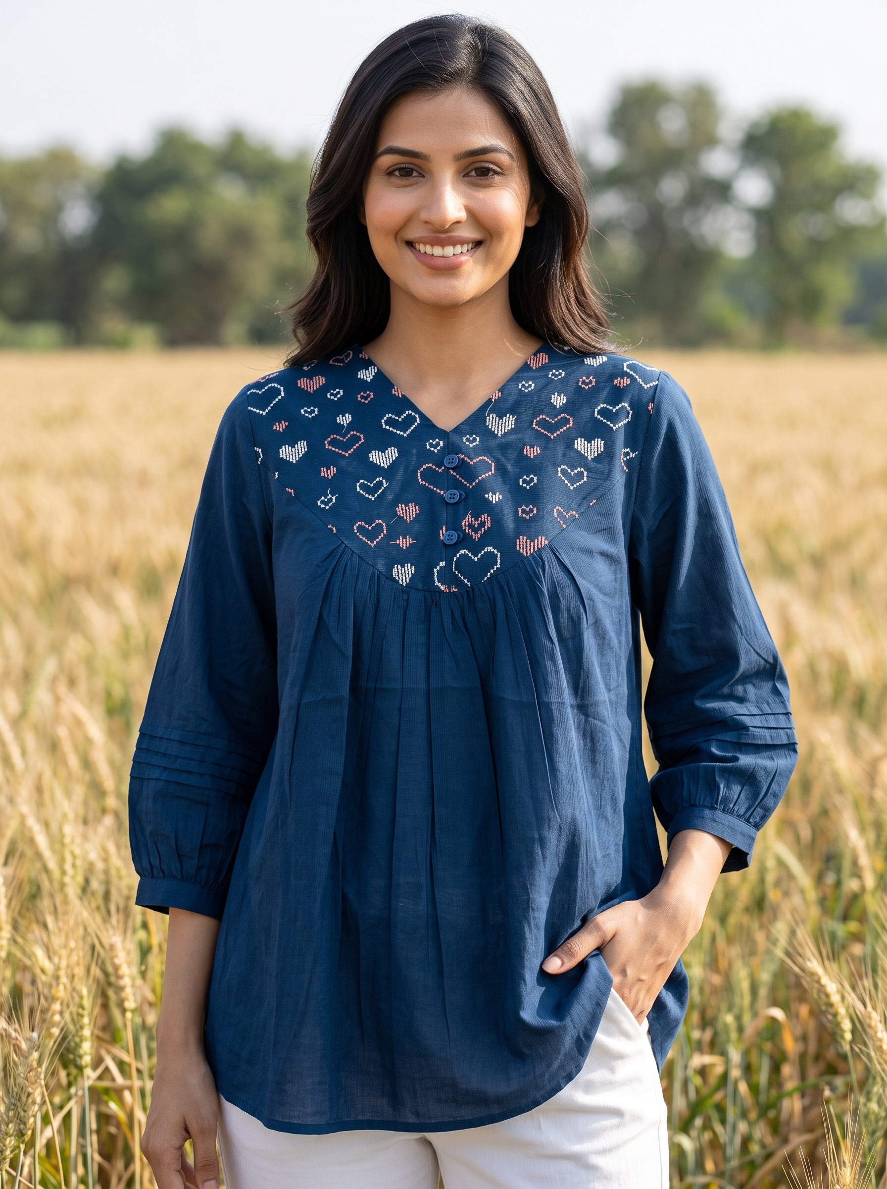 Women's Navy Blue Embroidered Cotton Top