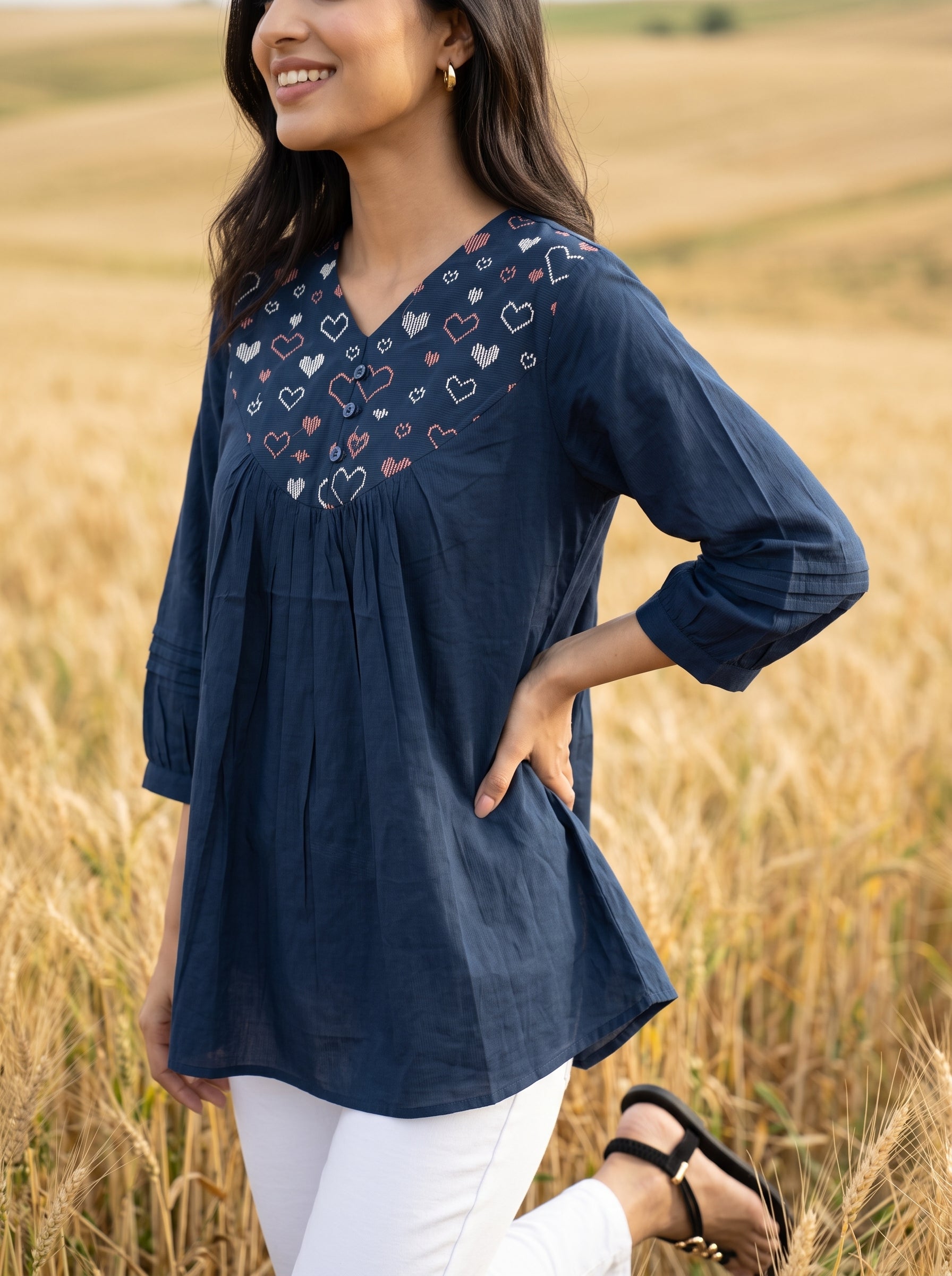 Women's Navy Blue Embroidered Cotton Top