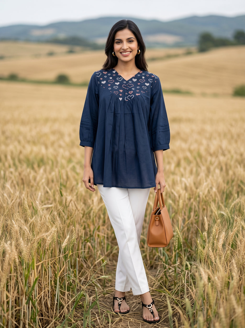 Women's Navy Blue Embroidered Cotton Top