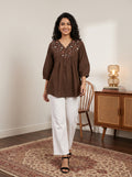 Women's Black Printed Cotton Peplum Top | Mandarin Collar | 3/4 Sleeves | Casual & Office Wear