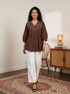 Women's Black Printed Cotton Peplum Top | Mandarin Collar | 3/4 Sleeves | Casual & Office Wear